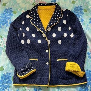 Navy Polka Dot Quilted Puffer Jacket with Yellow Trim